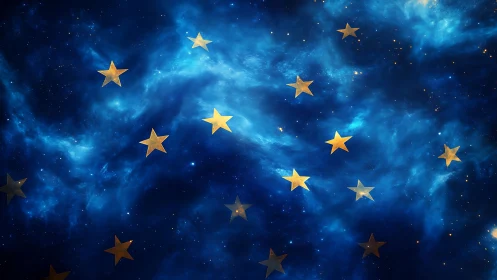 Gold five-pointed stars are distributed across blue nebula