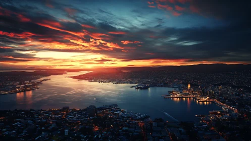 Sunset skyline glows above wide harbor city at dusk