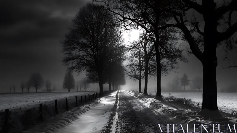 Moonlit winter road cuts through a haunting silent landscape