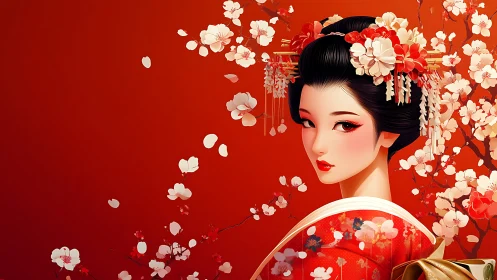 Geisha portrait amid drifting plum blossoms on crimson field.