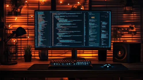 Ultra-wide coding workstation shows dark theme IDE in warm bokeh