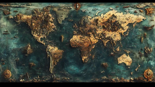 Antique-style world map renders continents as sculpted relief