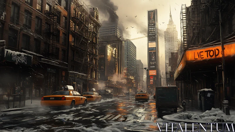 Snow-slick neon avenue with yellow cabs in moody dusk light.