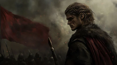 Battle-worn commander before crimson war banner in smoke
