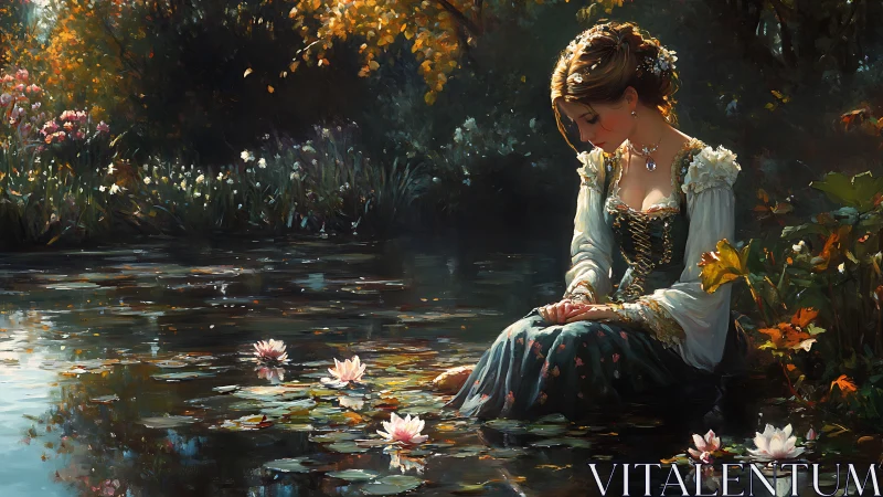 Rococo styled woman sits lakeside amid lilies in diffused light