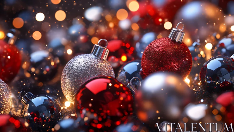 Glistening Christmas baubles glow softly in warm holiday light