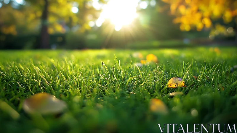 Morning light kissing dewy grass in a quiet green park.