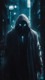 Hooded masked figure with glowing blue eyes in dark alley.