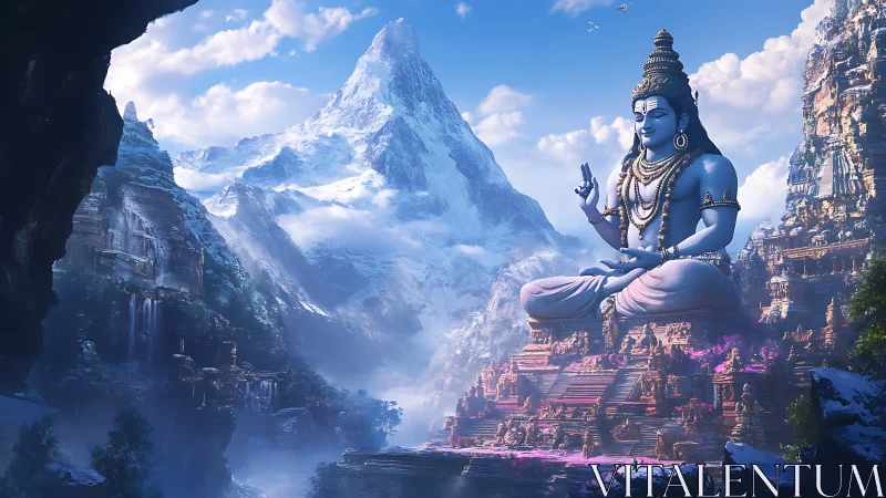 Mountain landscape with monumental seated deity sculpture.