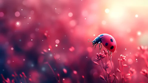 Digital painting of ladybug on floral bokeh field at sunrise.