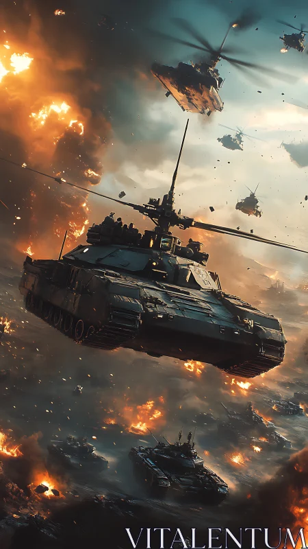 Hovering battle tank glides through a blazing sci fi warzone