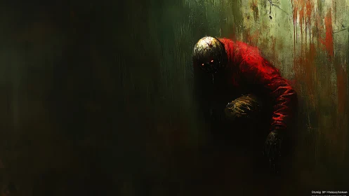 Red-jacketed figure crouches in a dim, unsettling corner space