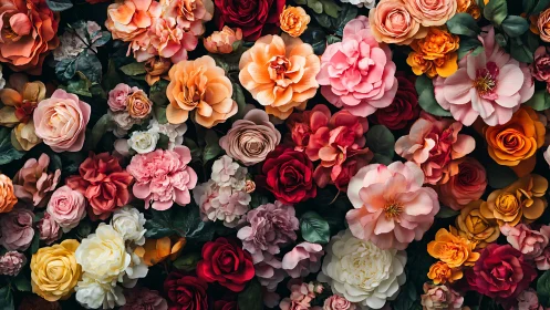 Dense floral arrangement displaying multiple rose varieties in warm tones