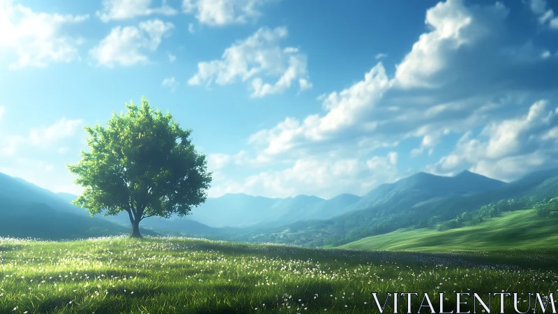 Single backlit tree anchors sunlit meadow under volumetric sky