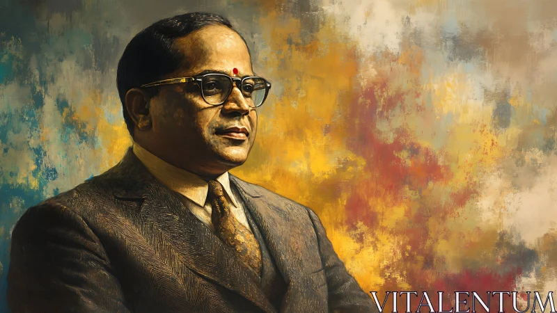 Oil portrait of dignified man in suit against abstract backdrop.