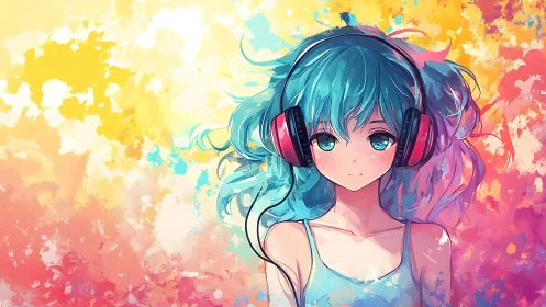 Anime girl with teal hair and headphones in color field.