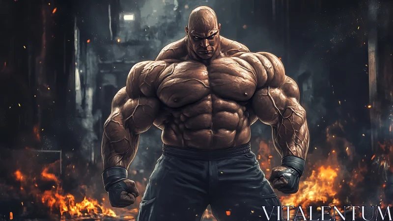 Digital painting of hyper-muscular warrior in infernal ruin.