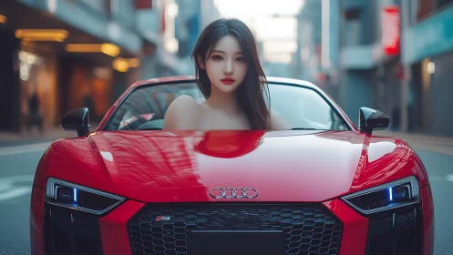 Digital portrait aligns woman with red sports car grille reflections