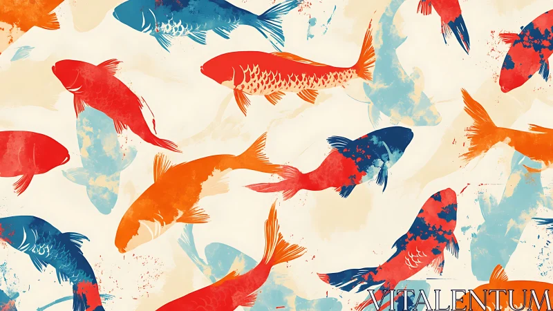 Multicolored koi fish pattern on light abstract background.