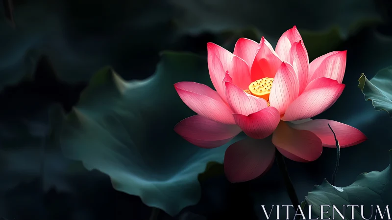 Pink lotus flower glowing over dark green water leaves.