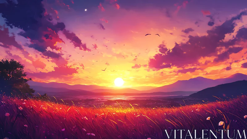 Vivid sunset over wildflower meadow and distant hills.