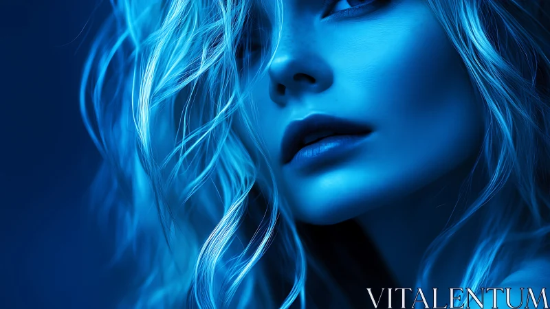 Monochromatic blue portrait isolates facial contours and luminous hair