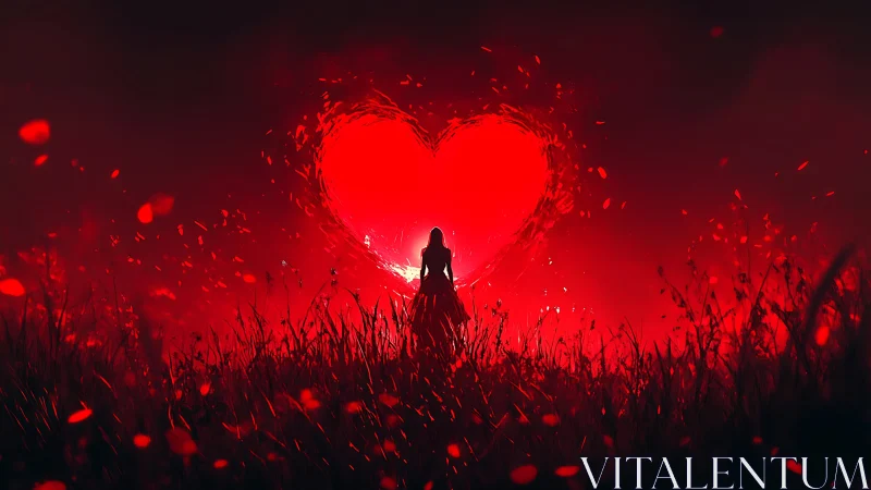 Solitary Figure in Glowing Heart Landscape. Digital.