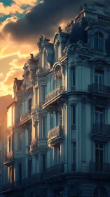 Sunset light traces ornate details on grand city façade.