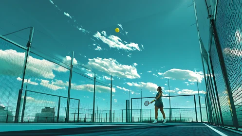 Sunlit rooftop tennis court under vivid teal sky panorama.