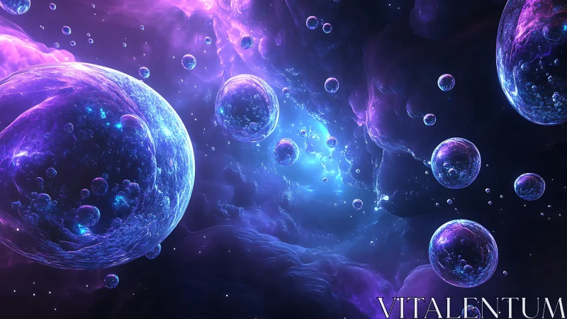 Cosmic glowing spheres floating in a vibrant nebula field.