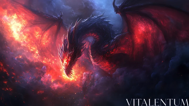 Large red-black dragon over burning clouds at night.
