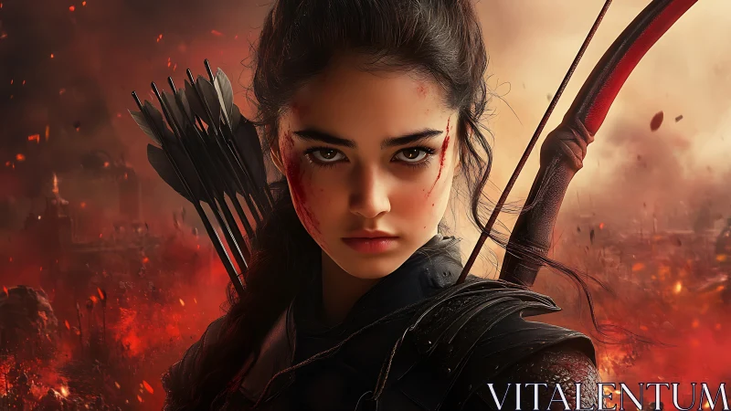 Battle-hardened archer stares forward amid urban fires