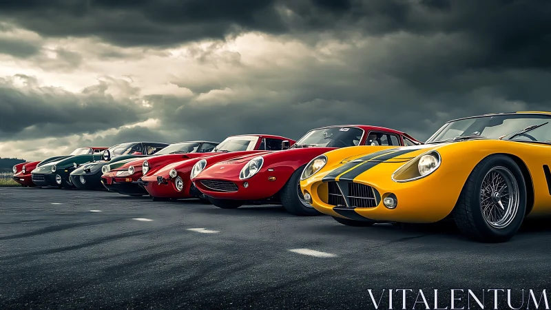 Vintage sports cars stand aligned on overcast racetrack