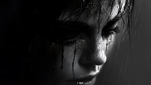 High contrast monochrome portrait with wet glittered profile
