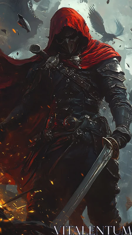 Hooded swordsman in crimson cloak amid burning embers.