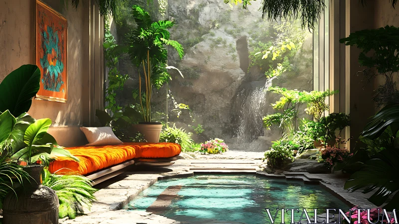 Lush indoor pool retreat with waterfall and orange lounge.
