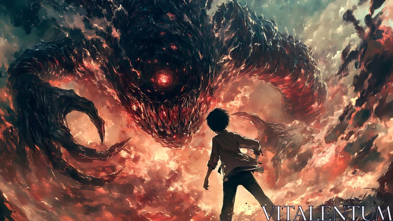 Lone hero confronts colossal fiery void-born monster in sky