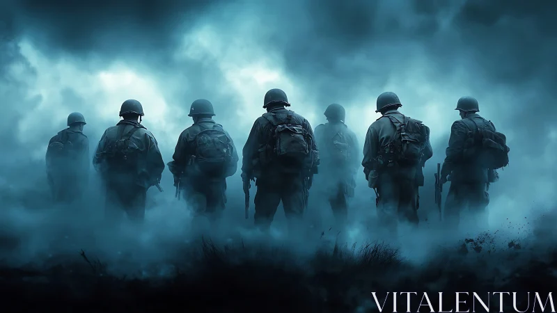 Backlit infantry silhouettes advance through dense battlefield fog