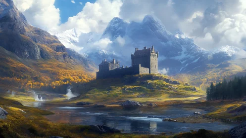 Digital painting of alpine fortress amid luminous valley.