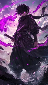 Storm-lit dark swordsman unleashes crackling violet energy