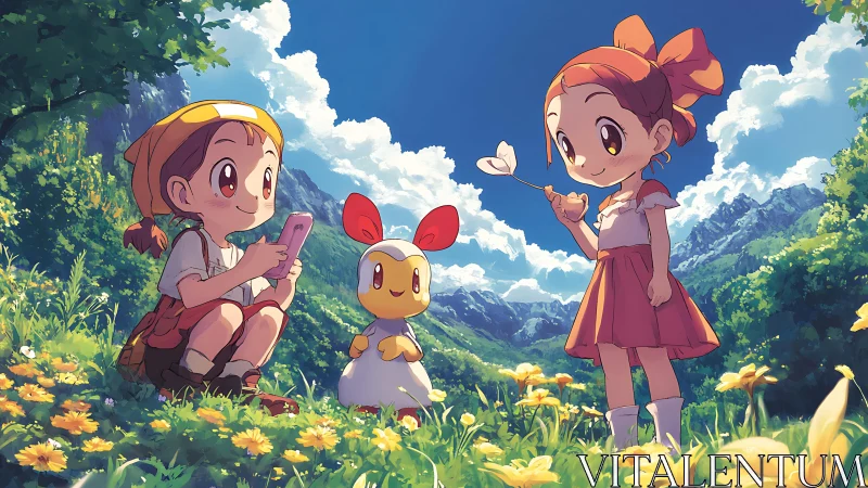 Children and mascot explore sunlit alpine flower meadow.