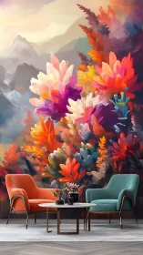 Colorful floral mural behind modern lounge chairs.