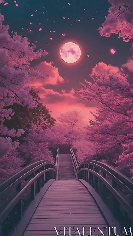Moonlit arch bridge under ethereal pink sakura canopy.