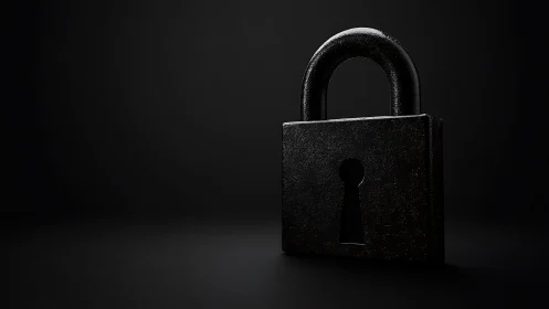 Black metal padlock positioned centrally against dark background.