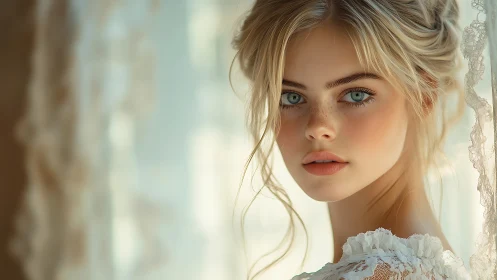 Soft-lit freckled portrait with lace, pastel bokeh backdrop.