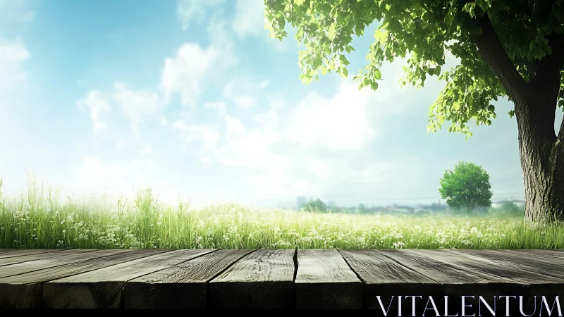 Sunlit wooden deck opening onto a peaceful spring meadow.