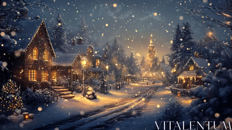 Snowy village street glows with cozy lights and gentle magic