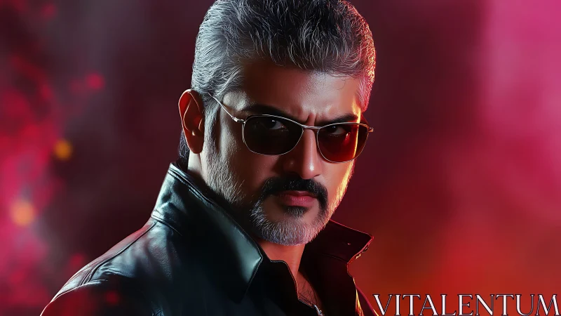 Leather-clad gaze carves neon heat through the smoky glow