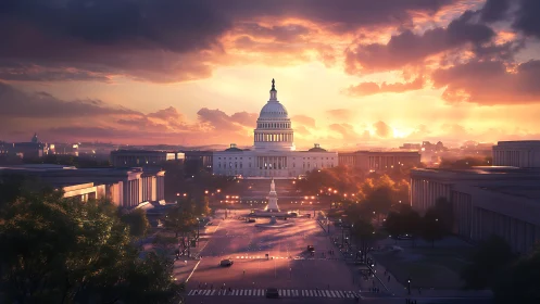 Capitol-axis sunset rendering with volumetric atmospheric lighting.