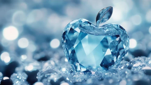 Crystal apple sculpture with faceted icy blue reflections.